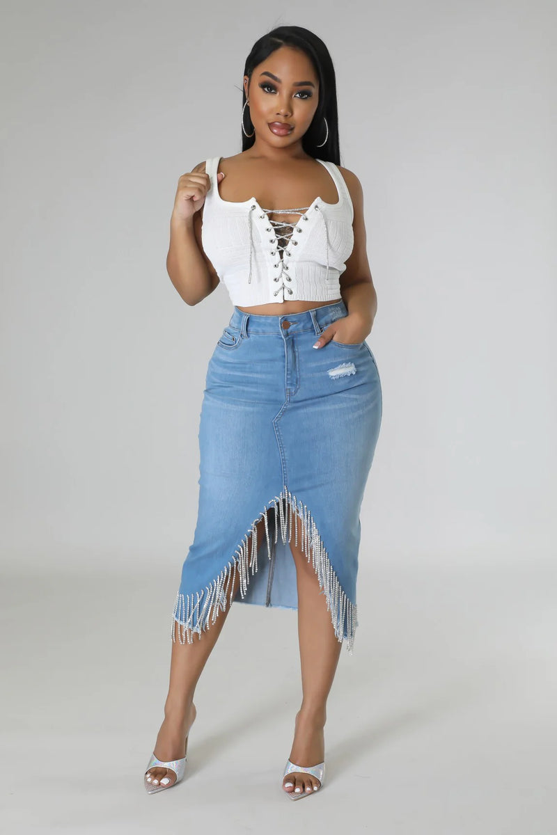 Denim with fringe skirt