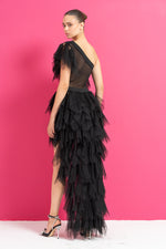 ONE SHOULDER RUFFLE TULLE DRESS